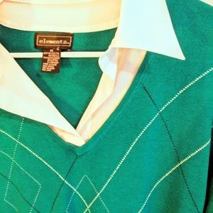Elementz Twin Top Teal Argyle White Blouse XL